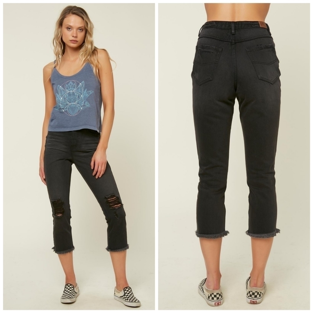 O'Neill Distressed Black Raw Hem High Rise Straight Leg Jeans